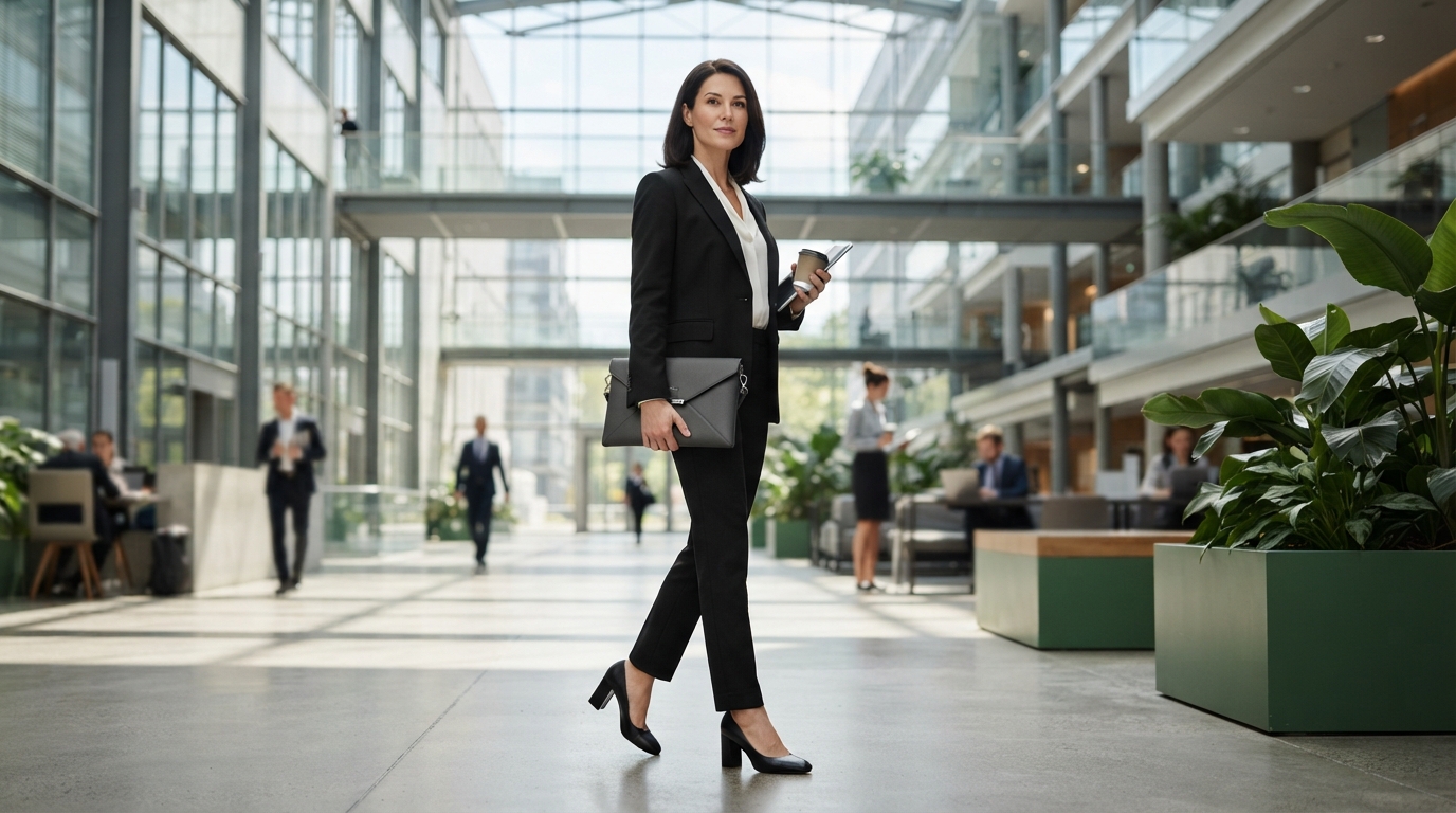 Charcoal Grey Textured Envelope Bag & Tailored Black Pantsuit